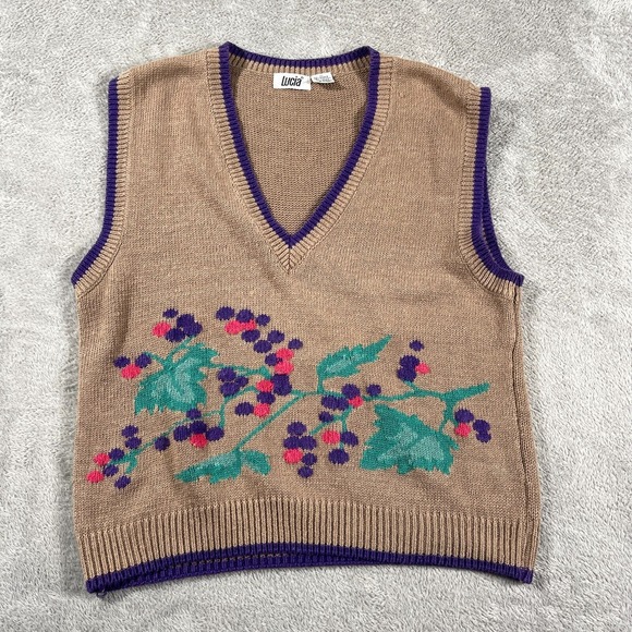 Lucia Ramie‎ Blend Sweater Vest Knit Ribbed Floral Fairy Grandma Purple Cozy L - Picture 1 of 9